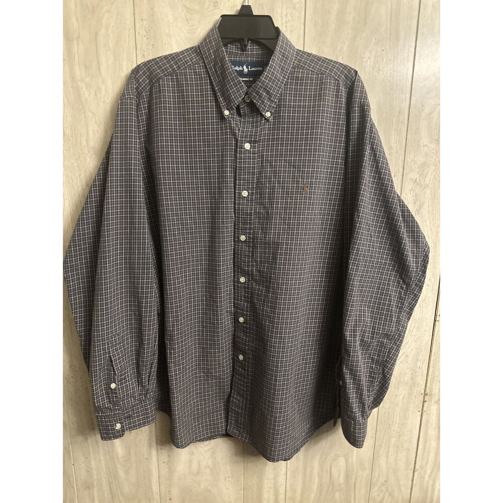 Mens XL Ralph Lauren Classic Fit Button Down Long Sleeve Navy Blue Khaki Plaid